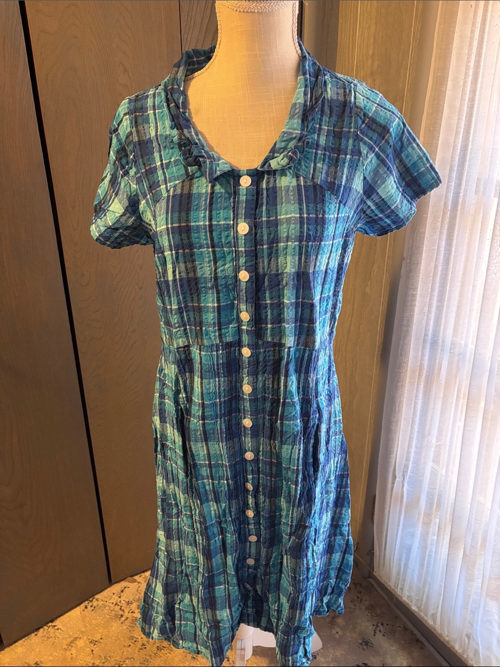 Tulip Plaid Collared Button Down Midi Dress Cotton Seersucker Blue Retro